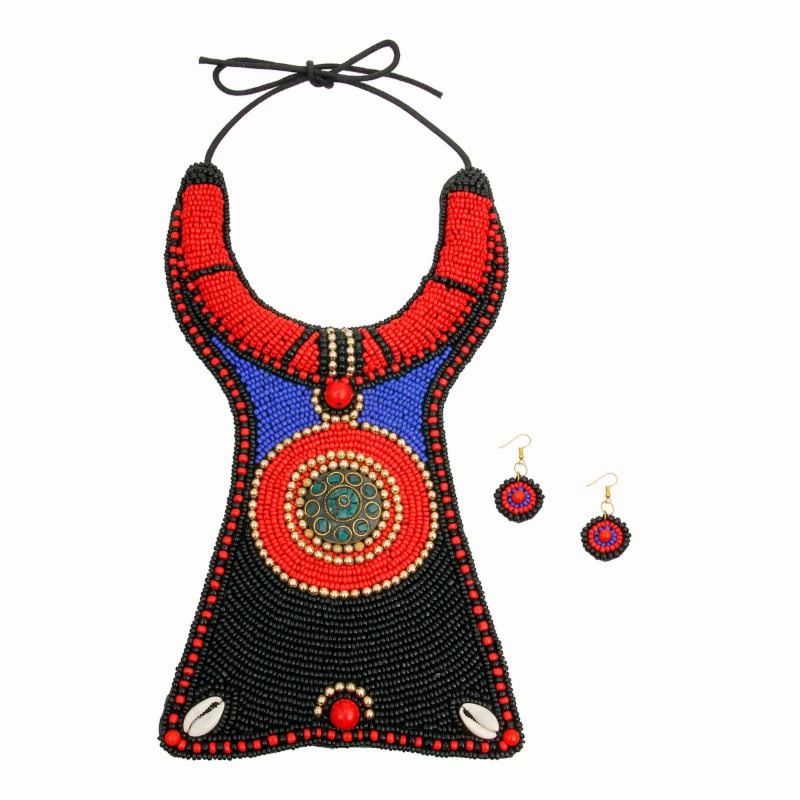 black, blue and red collar necklace with matching earrings