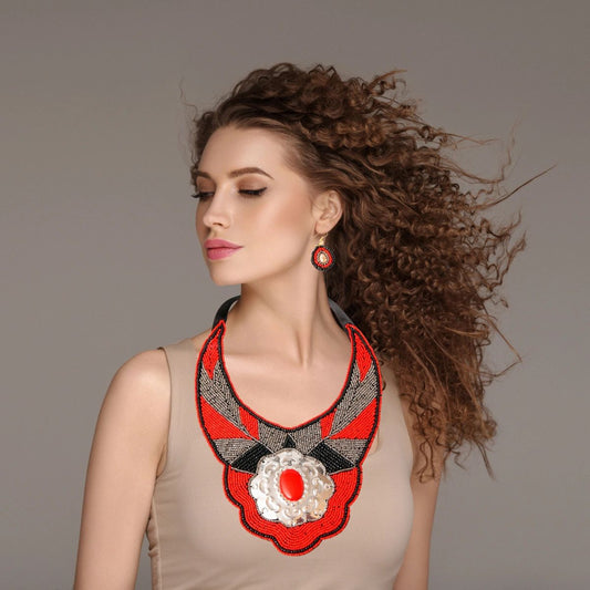 Beaded Bib Necklace Set Featuring Stamped Metal Plate Design