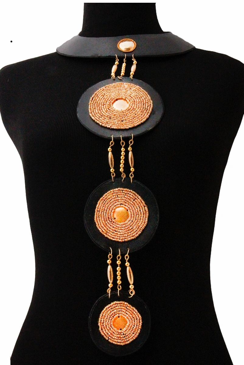 Gold Bead 3 Tier Long Drop Collar Necklace
