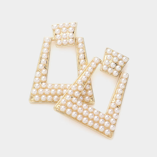 Pearl Embellished Open Trapezoid Earrings