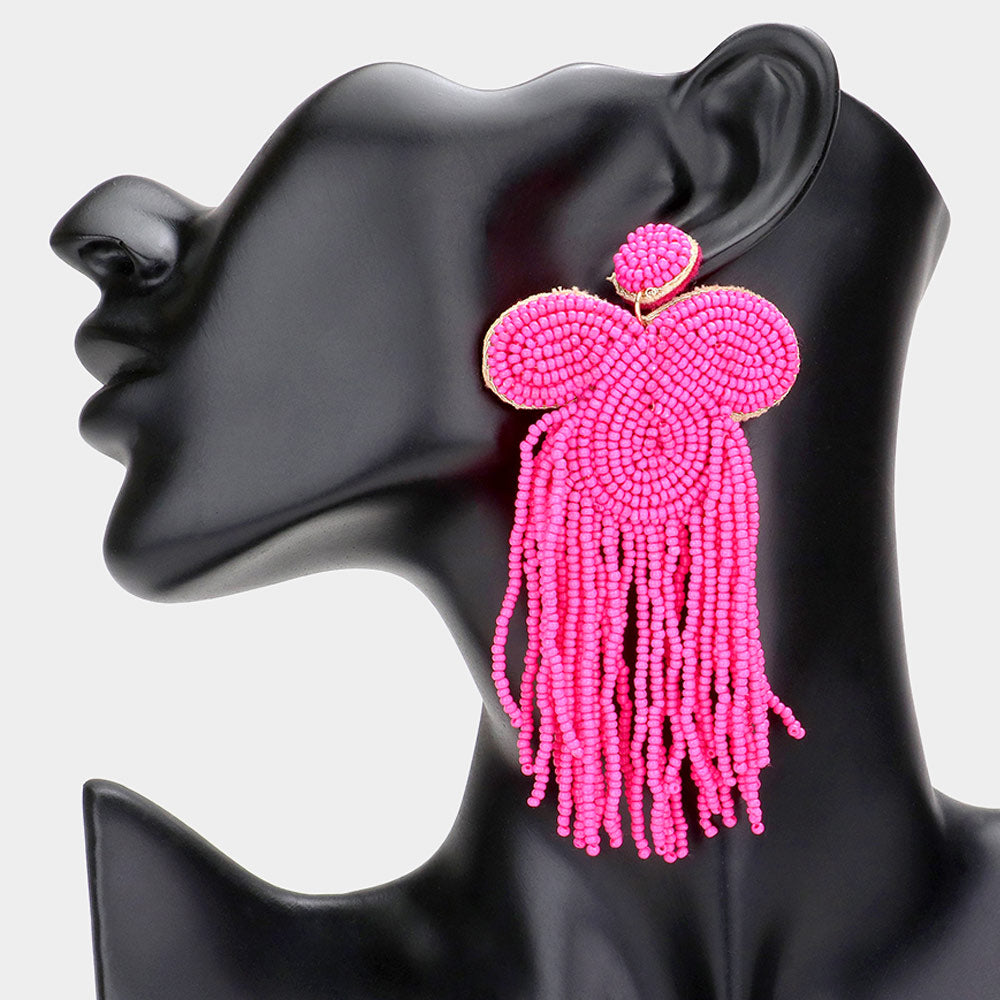 Felt Back Seed Beaded Fringe Dangle Earrings