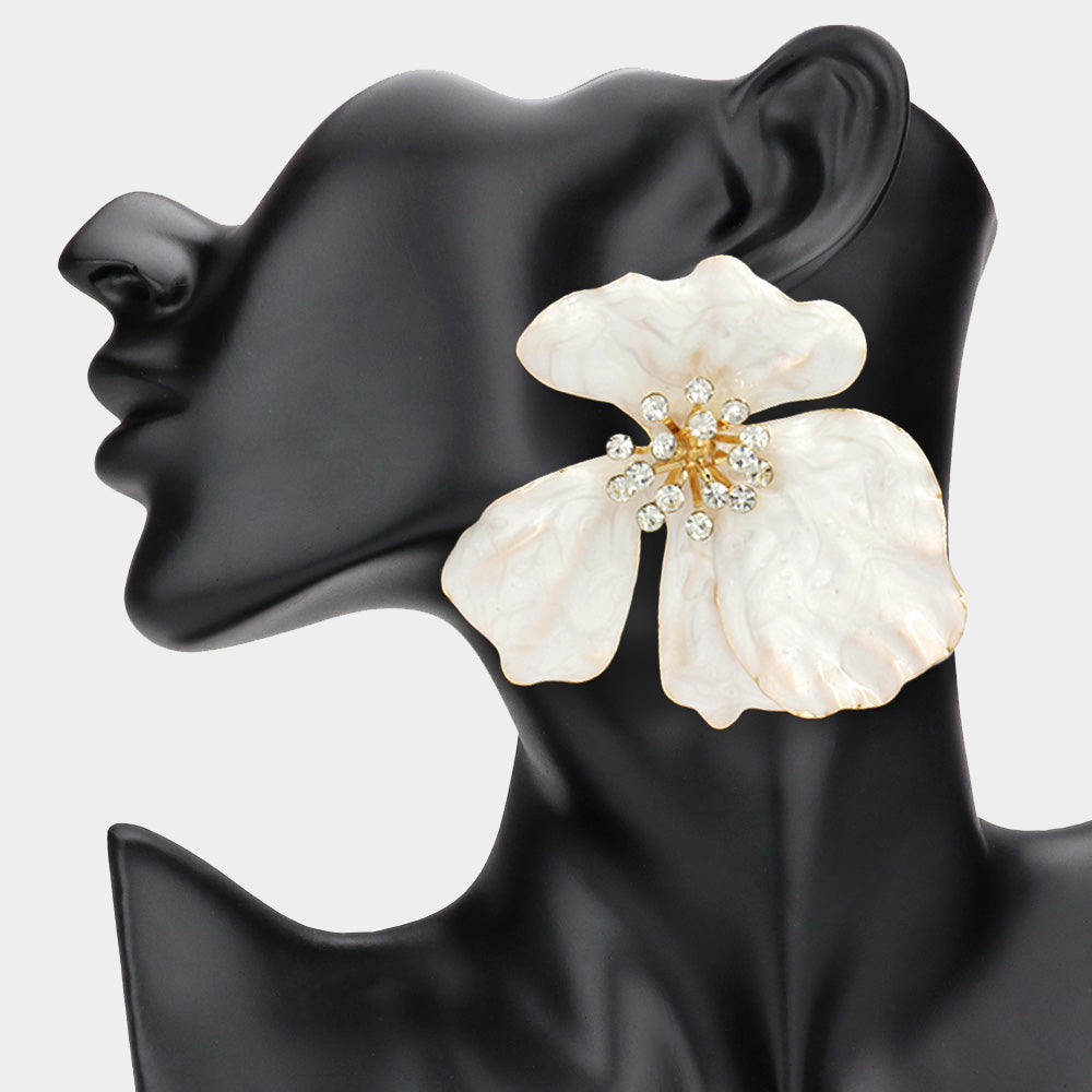Oversized Stone Bud Enamel Petal Flower Earrings