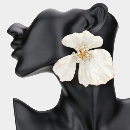 Oversized Stone Bud Enamel Petal Flower Earrings