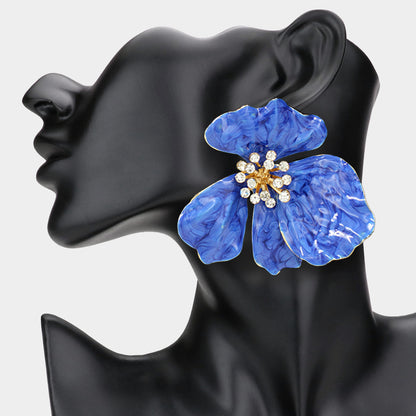 Oversized Stone Bud Enamel Petal Flower Earrings