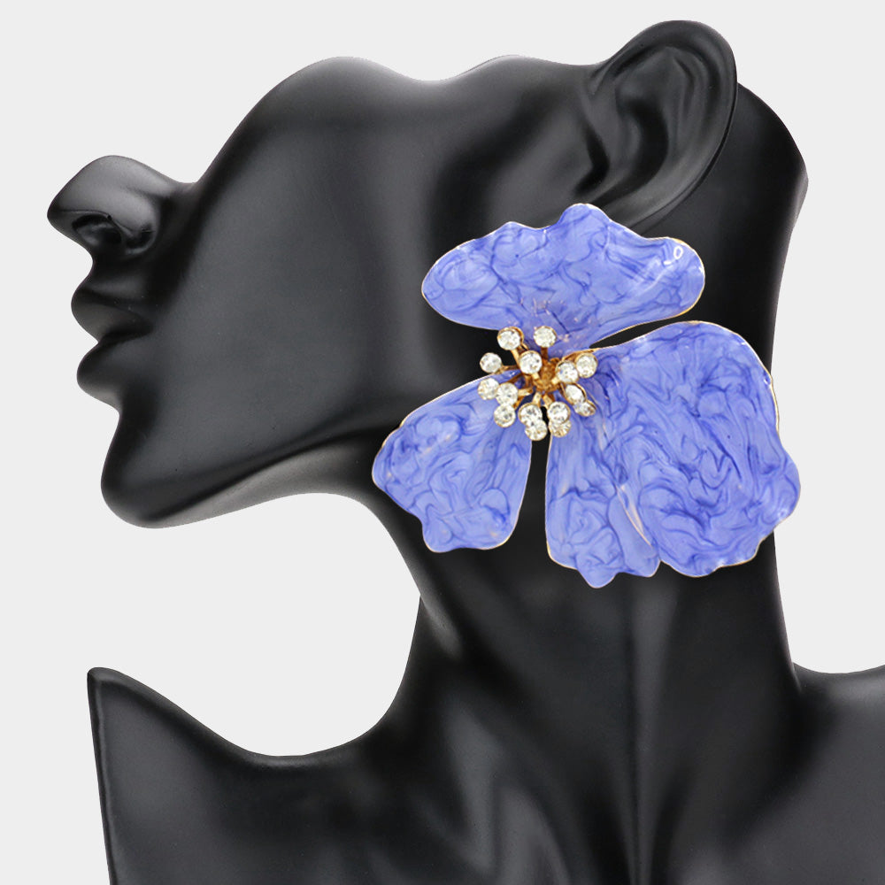 Oversized Stone Bud Enamel Petal Flower Earrings