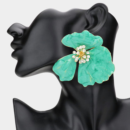 Oversized Stone Bud Enamel Petal Flower Earrings