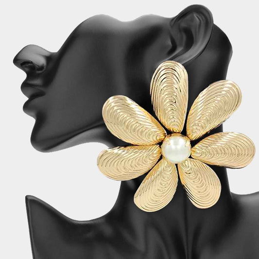 Oversized Pearl Accent Metal Flower Earrings