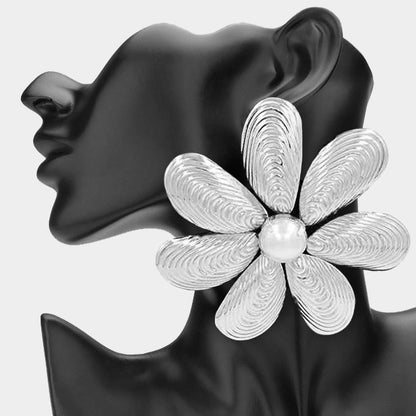 Oversized Pearl Accent Metal Flower Earrings