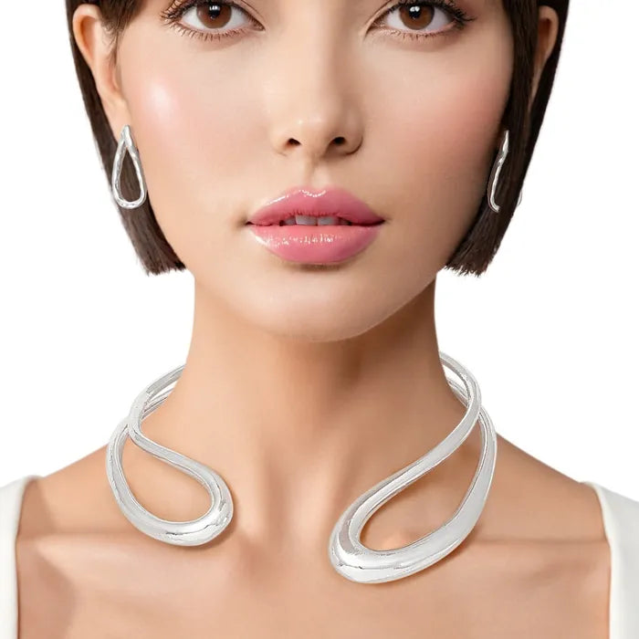Choker Rigid Looped Silver Metal Hinge Collar