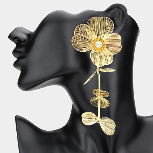 Stone Bud Metal Filigree Flower Drop Earrings