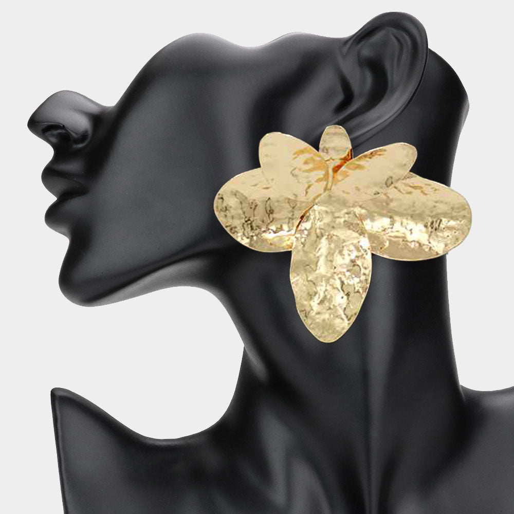 Oversized Hammered Metal Floral Petal Earrings