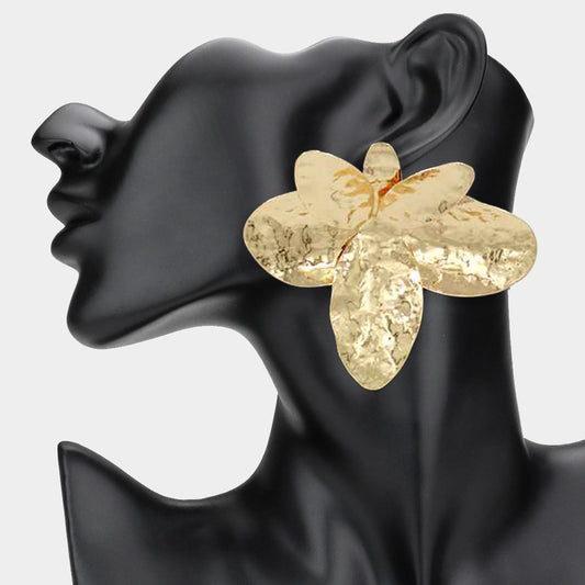 Oversized Hammered Metal Floral Petal Earrings