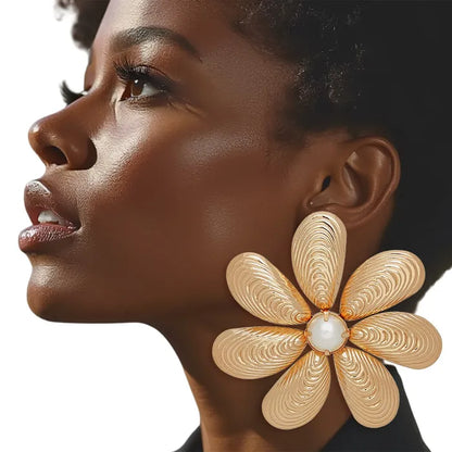 Oversized Pearl Accent Metal Flower Earrings