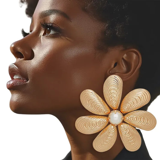Oversized Pearl Accent Metal Flower Earrings