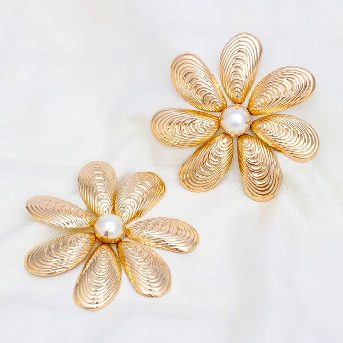 Oversized Pearl Accent Metal Flower Earrings