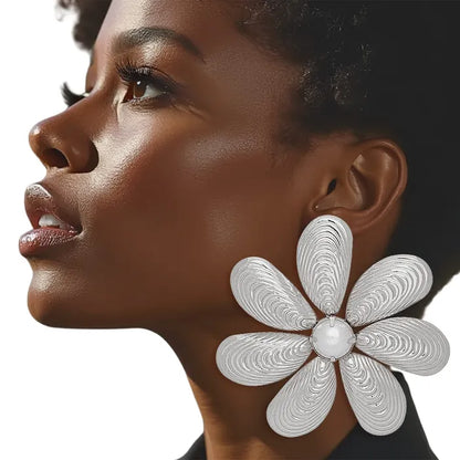 Oversized Pearl Accent Metal Flower Earrings