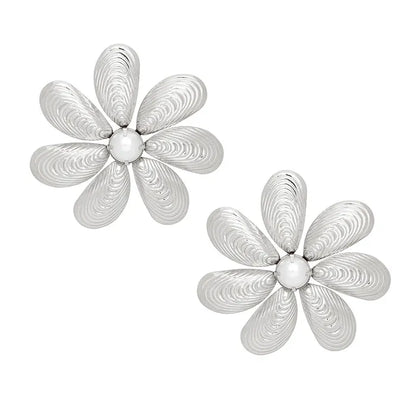 Oversized Pearl Accent Metal Flower Earrings