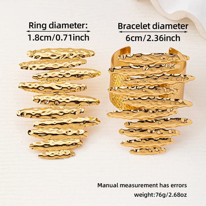 Kissy  Titi Metal Hammer Pattern Long Oval Splicing Water Wave Design Bracelet Ring Two-Piece Set