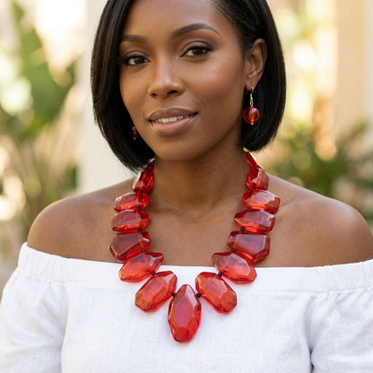 Queen Priscilla Toggle Chunky Red Bead Cord Tribal Necklace Set