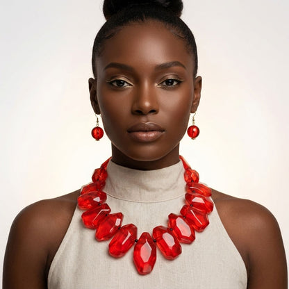 Queen Priscilla Toggle Chunky Red Bead Cord Tribal Necklace Set