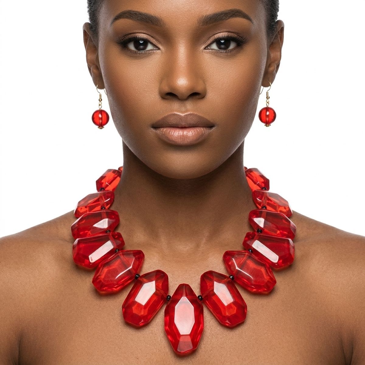 Queen Priscilla Toggle Chunky Red Bead Cord Tribal Necklace Set