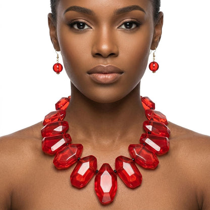 Queen Priscilla Toggle Chunky Red Bead Cord Tribal Necklace Set