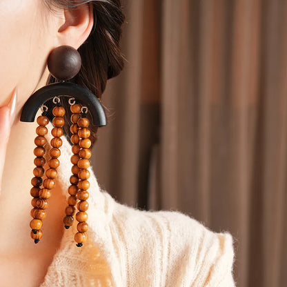 Miss Kono Wooden Bead Tassel Earrings Ethnic Design Unique Women's Geometric Iron Post Earrings