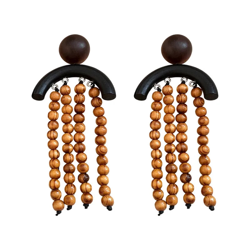 Miss Kono Wooden Bead Tassel Earrings Ethnic Design Unique Women's Geometric Iron Post Earrings