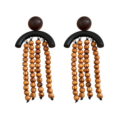 Miss Kono Wooden Bead Tassel Earrings Ethnic Design Unique Women's Geometric Iron Post Earrings