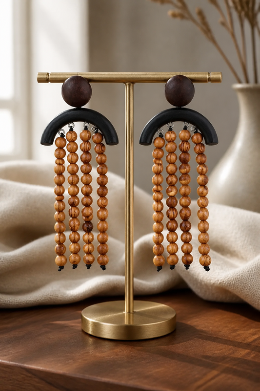 Miss Kono Wooden Bead Tassel Earrings Ethnic Design Unique Women's Geometric Iron Post Earrings