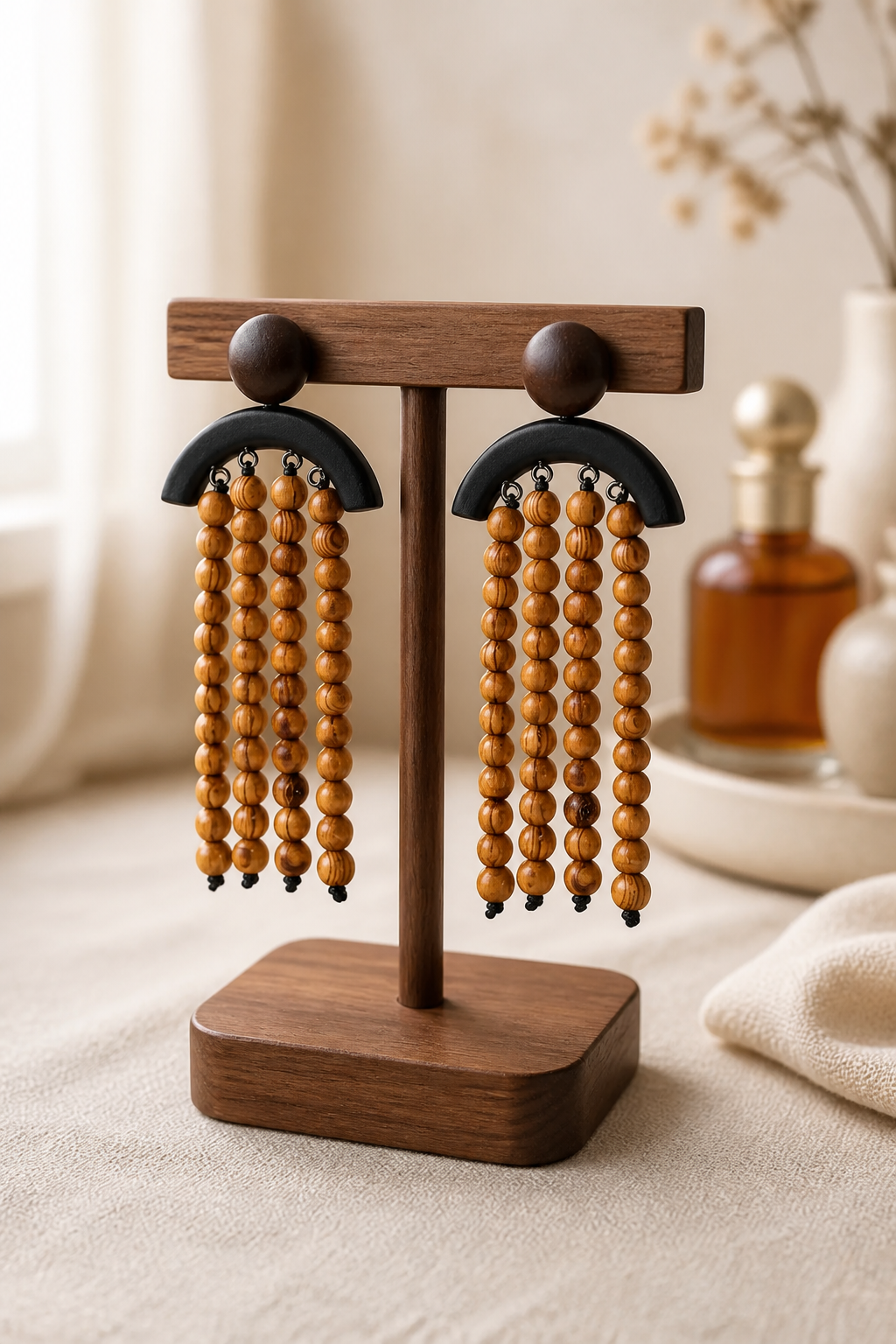 Miss Kono Wooden Bead Tassel Earrings Ethnic Design Unique Women's Geometric Iron Post Earrings