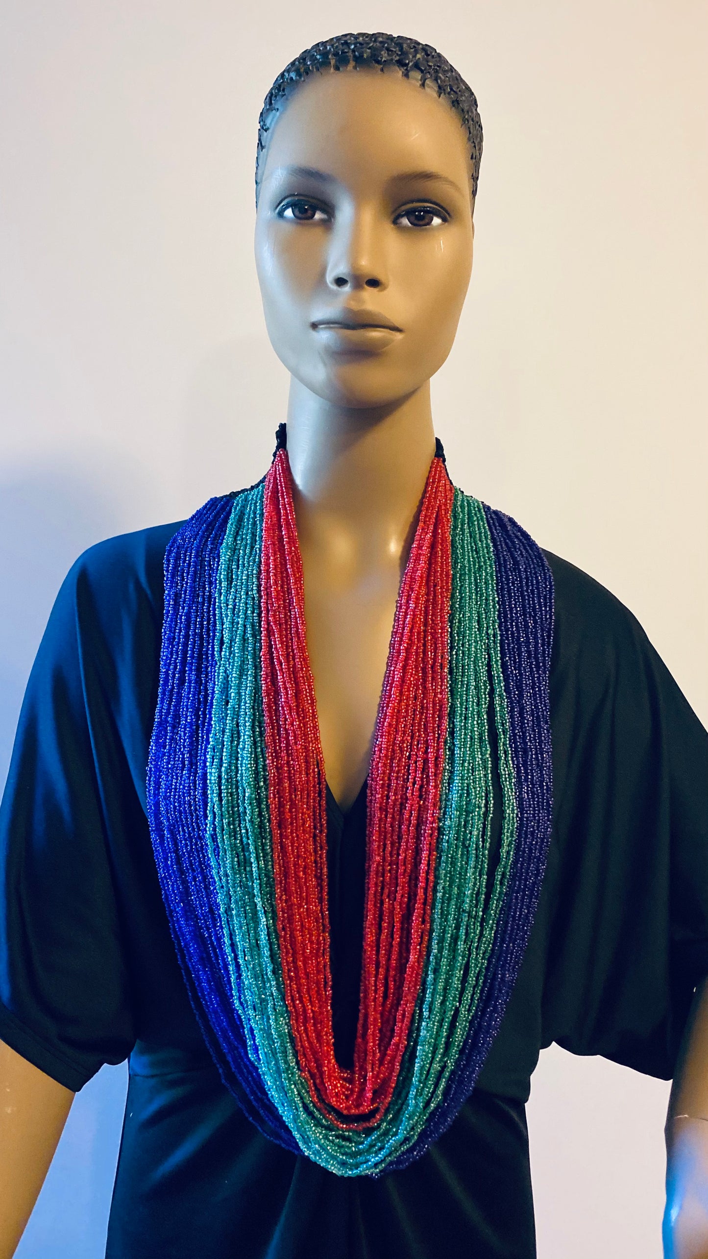 Light Green, Navy, and Red Long Layered Seed Bead Necklace
