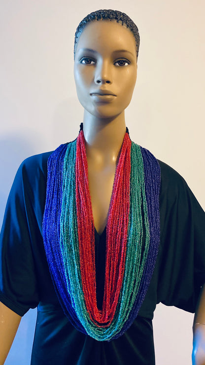 Light Green, Navy, and Red Long Layered Seed Bead Necklace