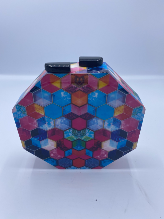 Round Handmade Mosaic Muti colors Wooden Clutch.