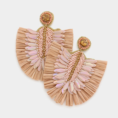 Stone Embellished Boho Raffia Dangle Earrings
