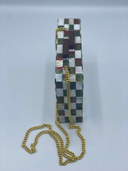 Handcrafted Chevron Green and White Mother Of Pearl Clutch