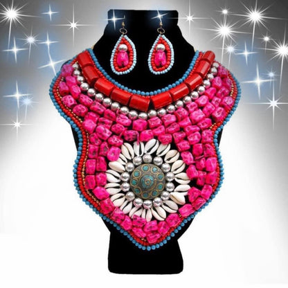 Multi Color Bead and Stone Raised Collar Bib Necklace Set