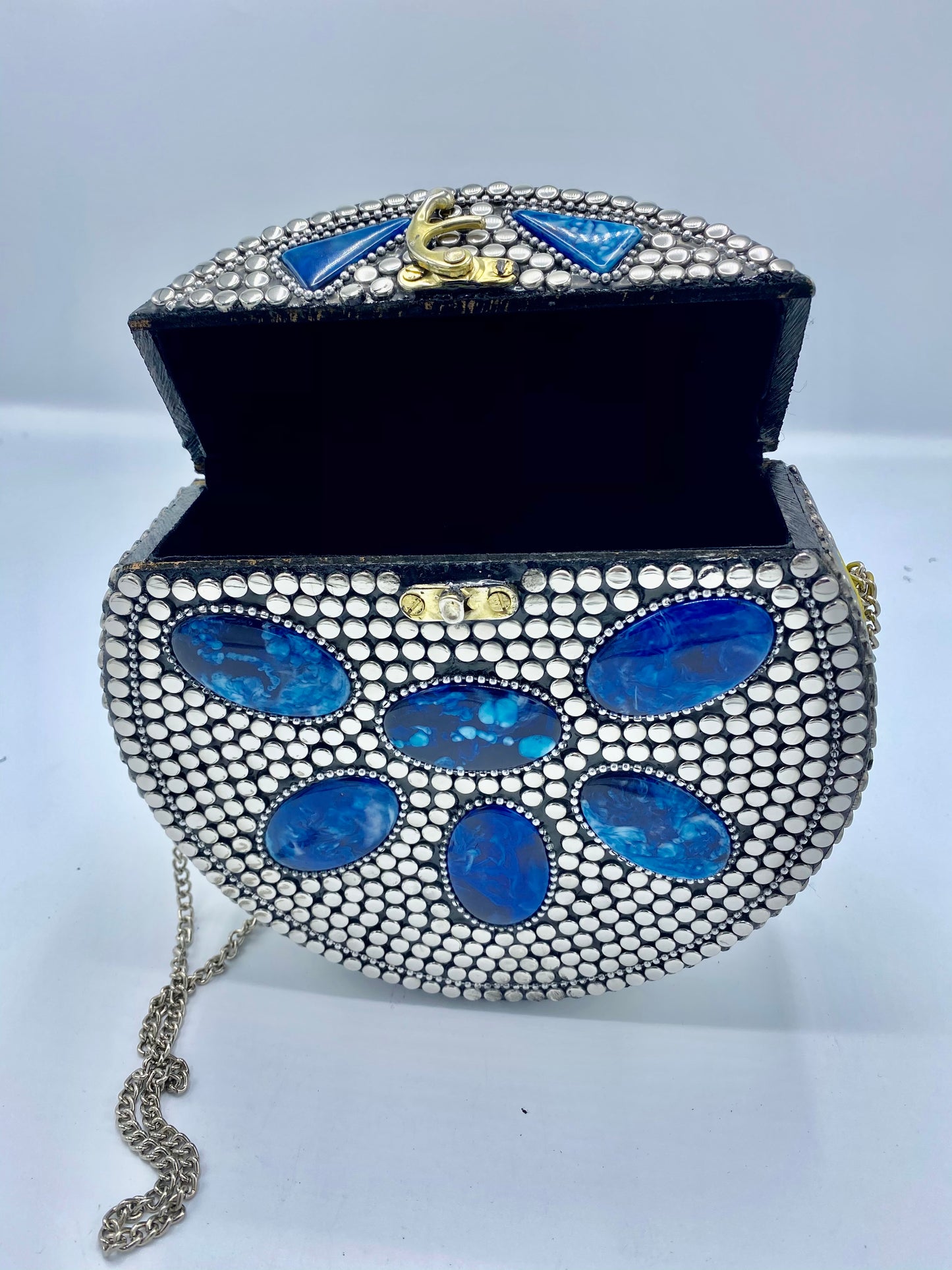 Round Silver Buttons with Blue Stones  Design Clutch