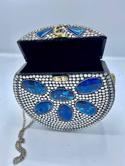 Round Silver Buttons with Blue Stones  Design Clutch