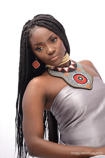 Black and White Bead and Red Thread Bib Necklace Set