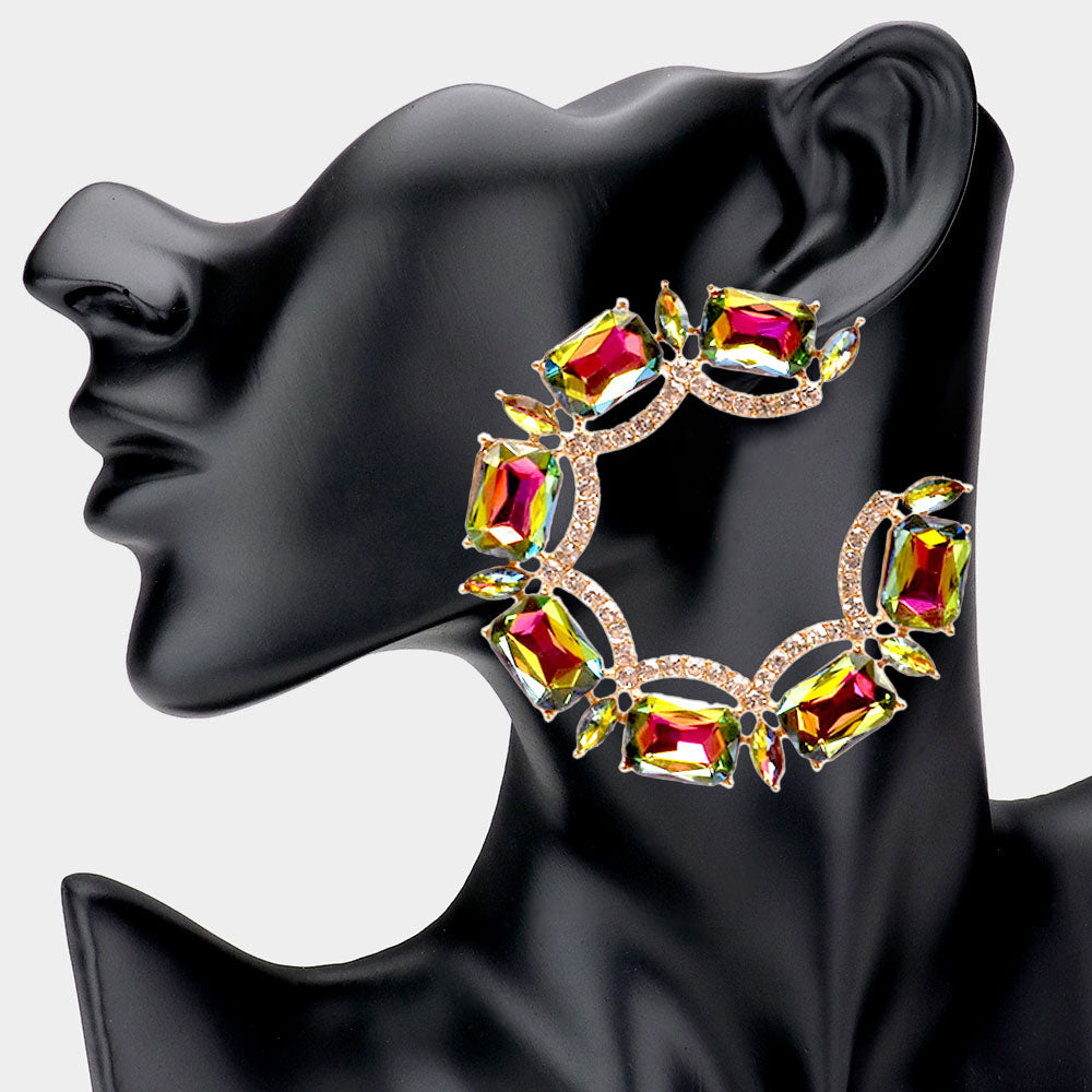 Rectangle Stone Accented Hoop Evening Earrings