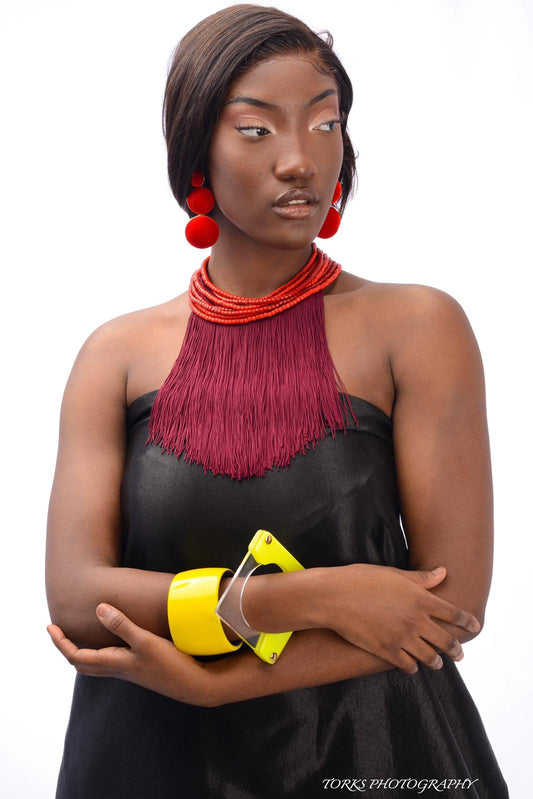 Red Beaded Necklace with Long Burgundy Thread Tassel