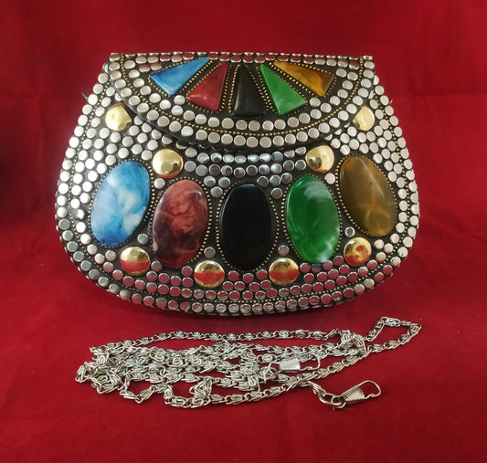 Silver Handmade Bohemian metal shell with Mosaic Tiles Statement Clutch.