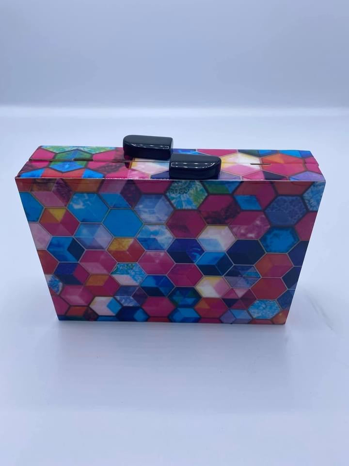 Trapezoid Handmade Mosaic Muti colors Printed Wooden Clutch.