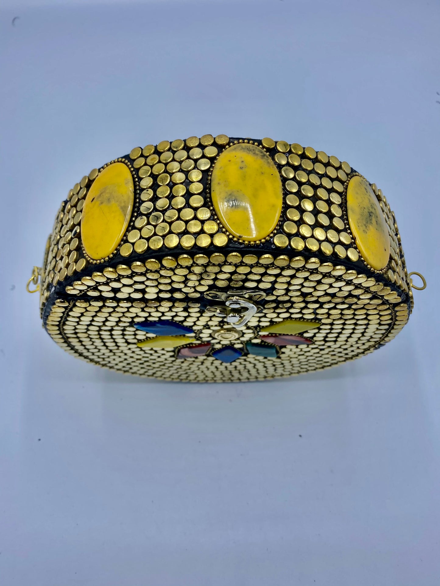 Round Gold Buttons with Multi Colors Flowery Ethnic Design Clutch