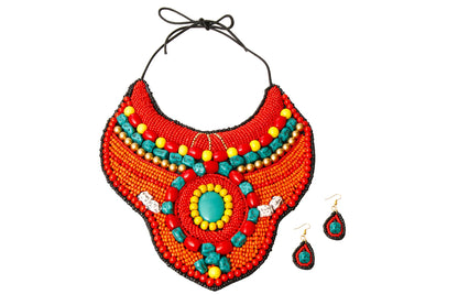 Red and Orange Bead Raised Collar Bib Necklace Set with Turquoise Stone Bead Detail