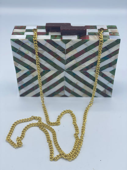 Handcrafted Chevron Green and White Mother Of Pearl Clutch
