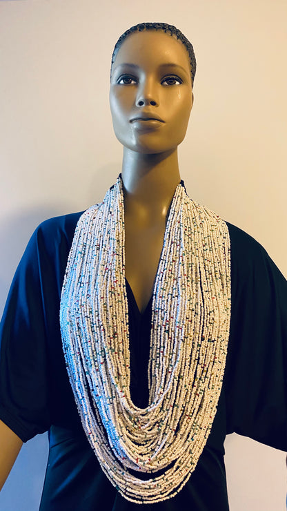 White with Multi Colors Long Layered Seed Bead Necklace