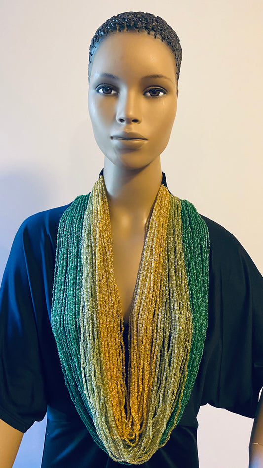 Green, Lime Green and Gold Long Layered Seed Bead Necklace.