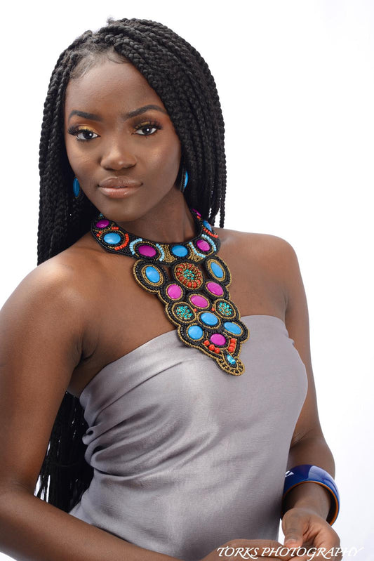 Purple and Blue Bead Bib Style Necklace Set